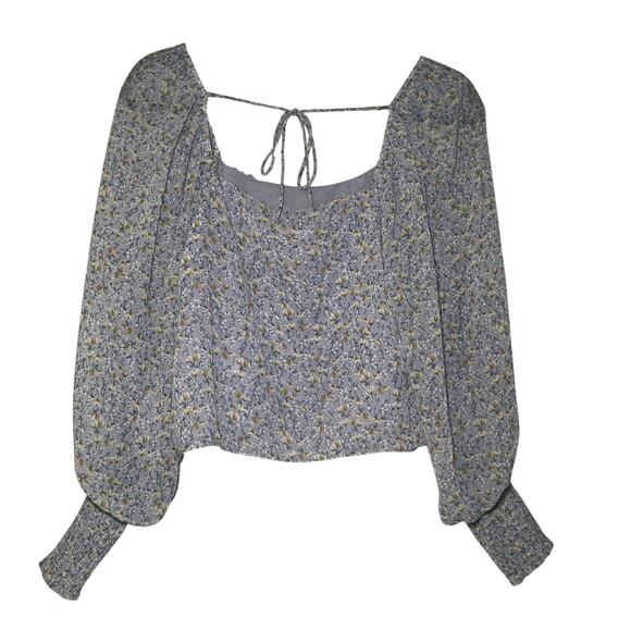 Astr The Label Balloon Sleeve Ruffled Floral Crop Top Blouse Blue Ditsy Size S - Picture 3 of 6